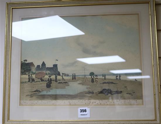 Louis Braquaval (1824-1919), coloured lithograph, French beach scene, no.27 of 100, signed in pencil 32 x 42cm